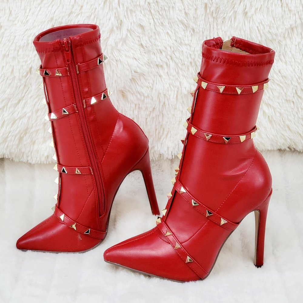 Mark Sexy Stud Strap High Heel Pointy Toe Ankle Boots Red